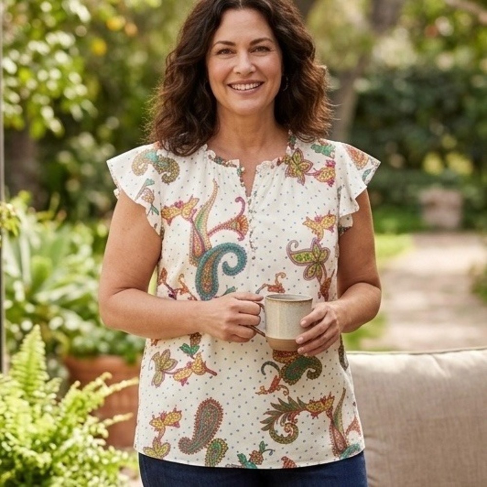 Talbots Womens Large White Paisley Heart Cotton Flutter Sleeve Ruffle Neck Top